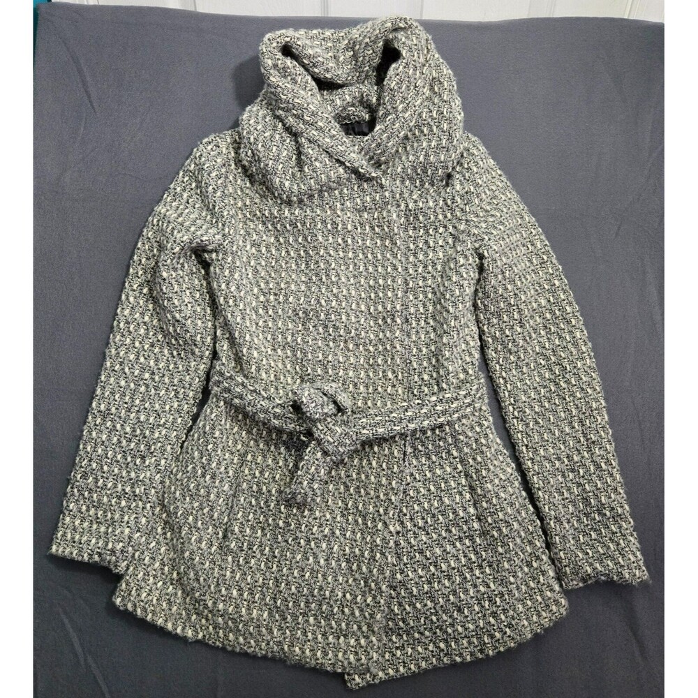 Mossimo Supply Co. Pea Coat Women S Black White Tweed Tie Waist